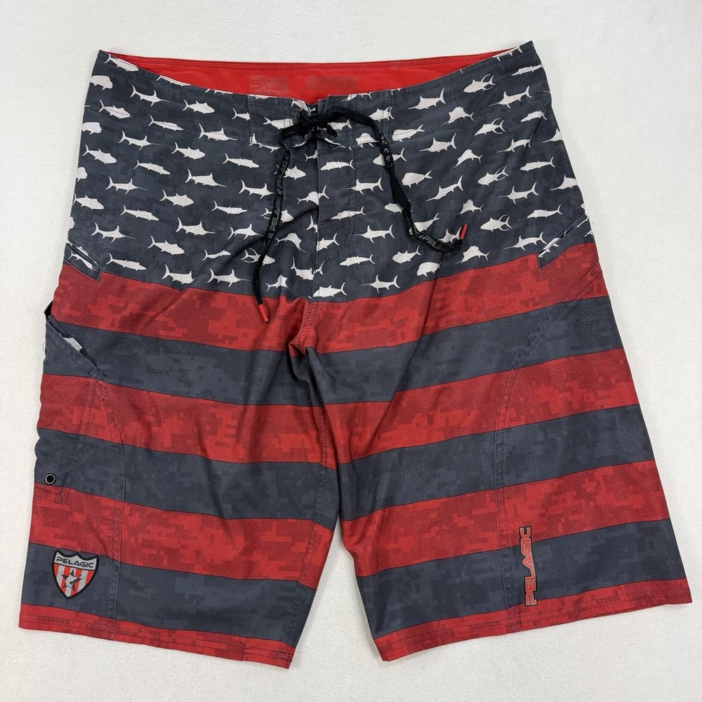 Pelagic Sharkskin Mens Sharkskin Swim Trunks Board Shorts Size 36 Red Gray